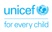 The UNICEF logo displays the word ‘unicef’ in lowercase light-blue letters. Next to the text is the United Nations emblem, also in light blue: a globe shown from above with latitude and longitude lines, surrounded on both sides by curved olive branches forming a circular wreath.