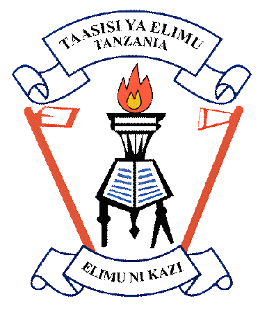 An image logo representing the Tanzania Institute of Education. The top banner, outlined in blue, contains the text ‘Taasisi ya Elimu Tanzania.’ At the center is a black torch with a bright red and yellow flame. Below the torch is an open book with blue lines and two black compasses beneath it. On the left side of the emblem is an orange hoe, and on the right side is an orange axe, both angled inward. Surrounding the emblem are curved ribbon banners outlined in blue. The bottom banner, also outlined in blue, contains the text ‘Elimu ni Kazi.